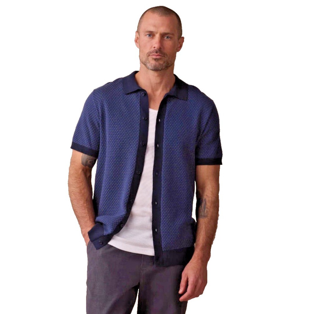 The Normal Brand Roble Knit Jacquard Button Up Sweater Mens Sz Small Blue Collar